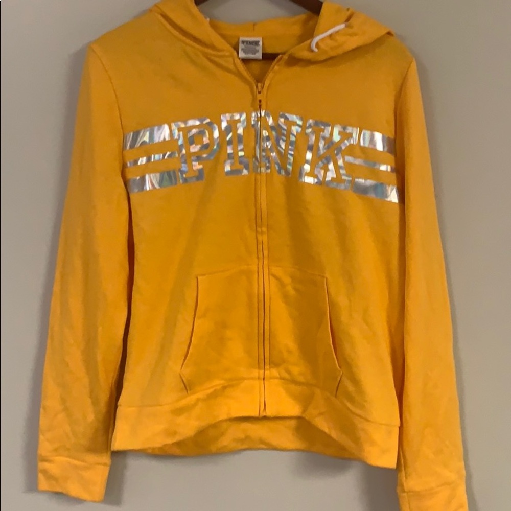 VS PINK yellow zip up hoodie w/ holographic words